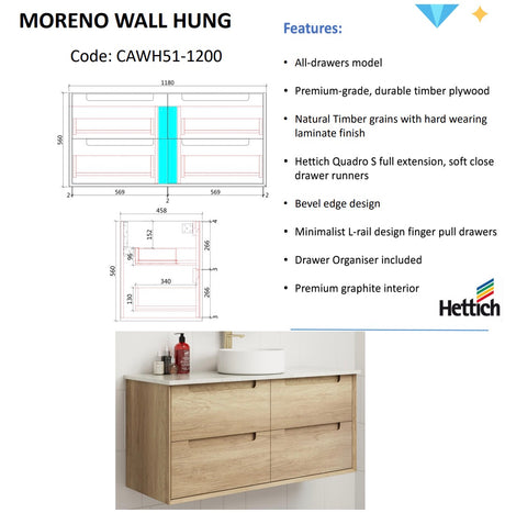 MORENO Wall Hung Vanity Natural Oak (All Sizes)-Drawing