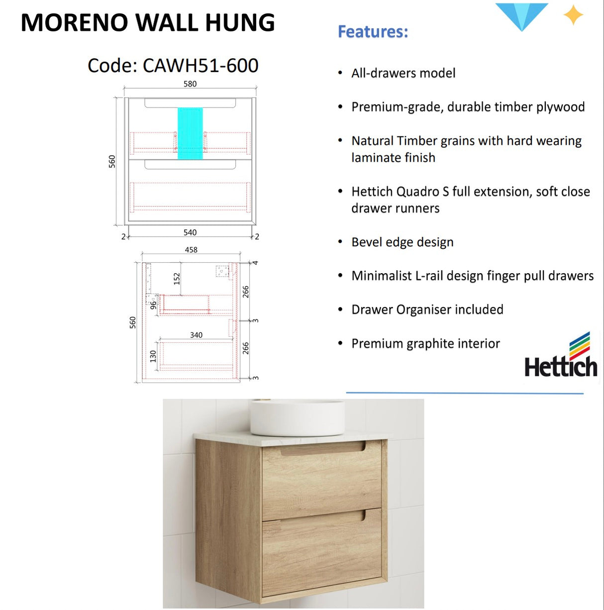 MORENO Wall Hung Vanity Natural Oak (All Sizes)-Drawing