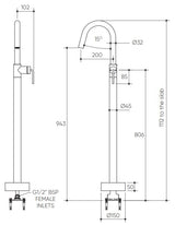Meira Floor Mounted Bath Mixer Lead Free drawing