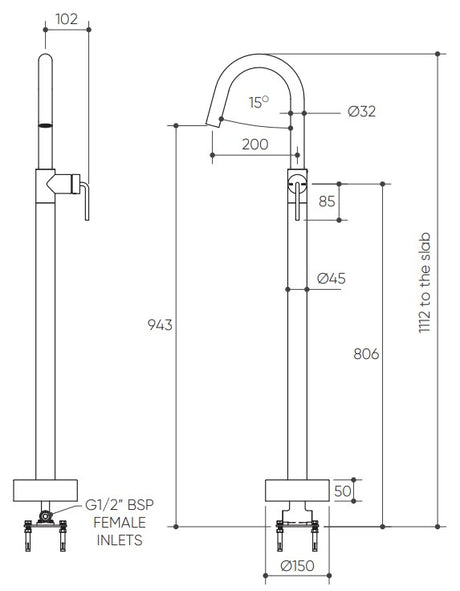 Meira Floor Mounted Bath Mixer Lead Free drawing