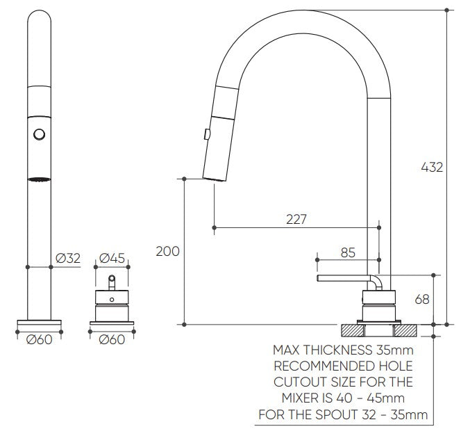 Meira Hob Pull Out Spray Sink Mixer Set 200 Curved Spout Lead Free drawing