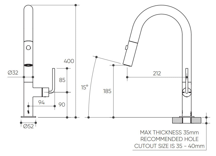 Meira Pull Out Spray Sink Mixer 200 Curved Spout Lead Free drawing