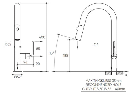 Meira Pull Out Spray Sink Mixer 200 Curved Spout Lead Free drawing