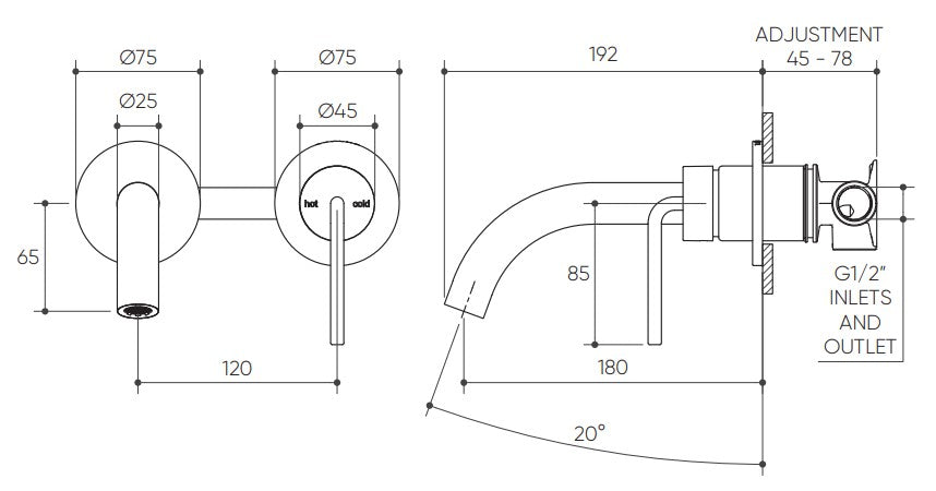 Meira Wall Basin/Bath Mixer Set 180 Curved Spout Lead Free drawing