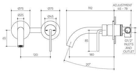 Meira Wall Basin/Bath Mixer Set 180 Curved Spout Lead Free drawing