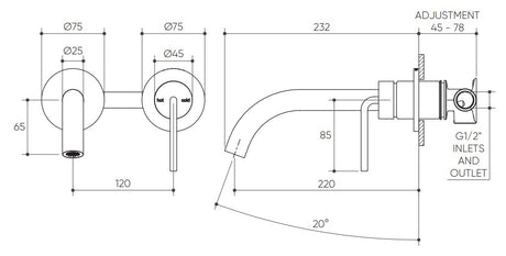 Meira Wall Basin/Bath Mixer Set 220 Curved Spout Lead Free drawing
