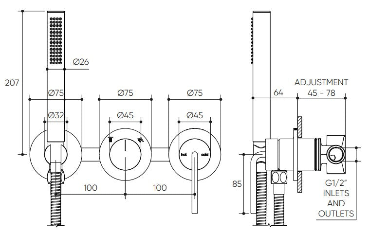 Meira Wall Mixer with Diverter & Hand Shower Lead Free drawing
