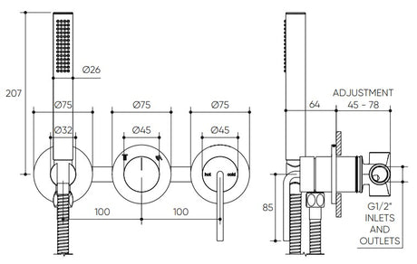 Meira Wall Mixer with Diverter & Hand Shower Lead Free drawing