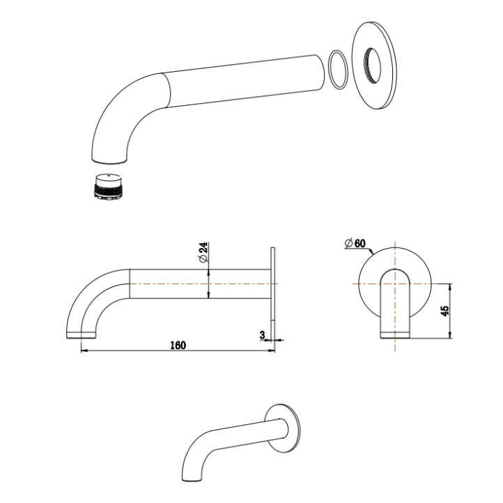 Mica Curved - 160/220/250mm - Bath Spout