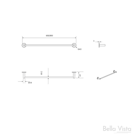 Mica Single Towel Rail - 600/800mm-drawing