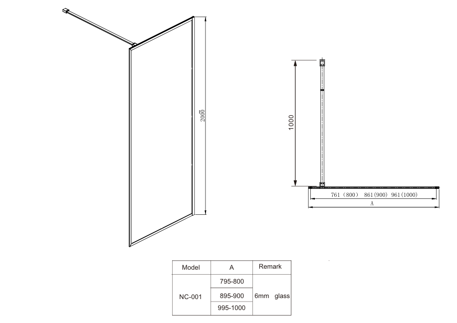 COVEY Framed Walk-In Single Panel With Support Bar Shower Screen