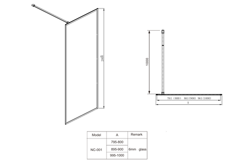 COVEY Framed Walk-In Single Panel With Support Bar Shower Screen