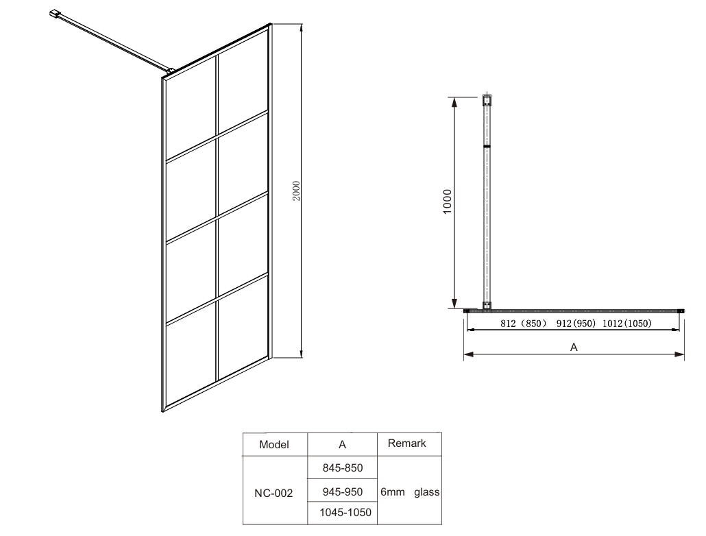 COVEY Framed 8 Printed Grills Walk-In Single Panel With Support Bar Shower Screen (Matte Black)