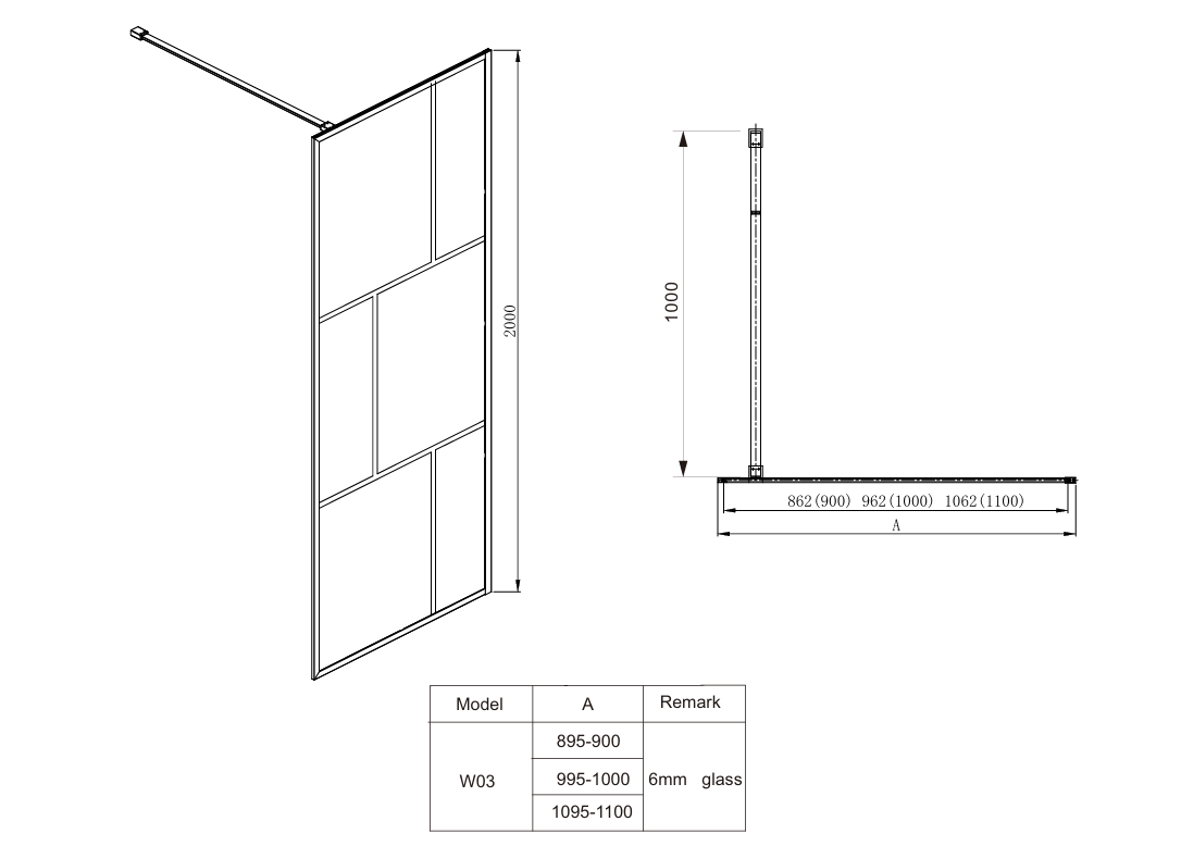 COVEY Framed 6 Printed Grills Walk-In Single Panel With Support Bar Shower Screen (Matte Black)