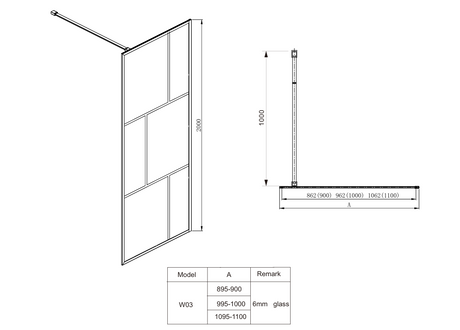 COVEY Framed 6 Printed Grills Walk-In Single Panel With Support Bar Shower Screen (Matte Black)