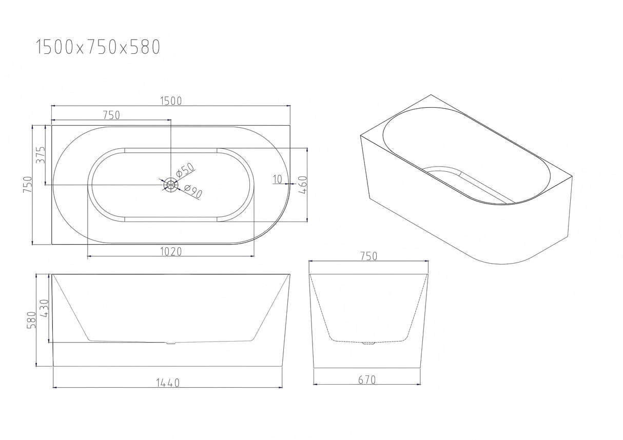 NOVA Ultra-Thin Corner Bathtub With Overflow (Gloss White) 1400/1500/1700mm