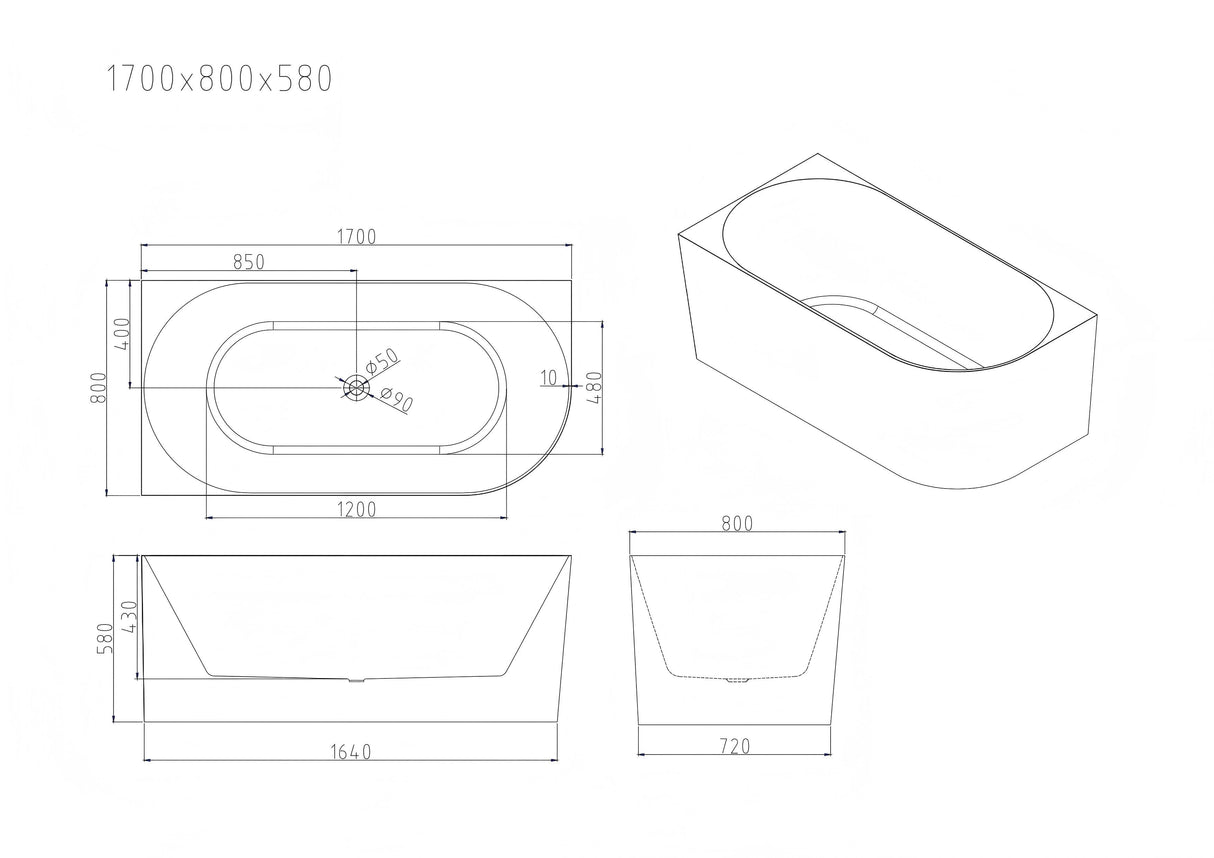 NOVA Ultra-Thin Corner Bathtub With Overflow (Gloss White) 1400/1500/1700mm