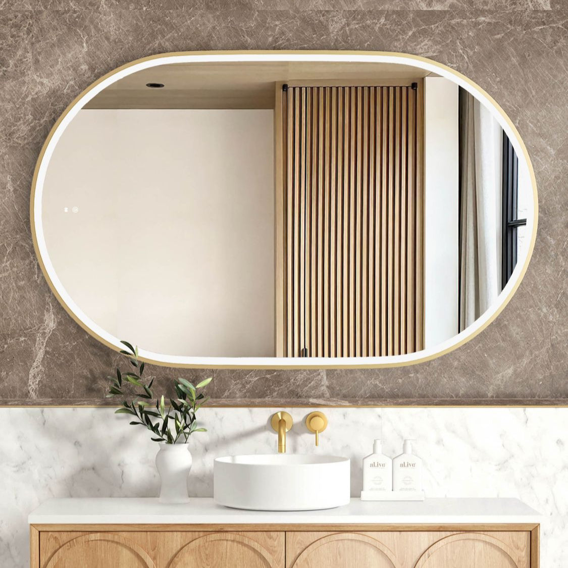 NOOSA LED Oval Metal Frame Mirror 1200x750mm Brushed Gold