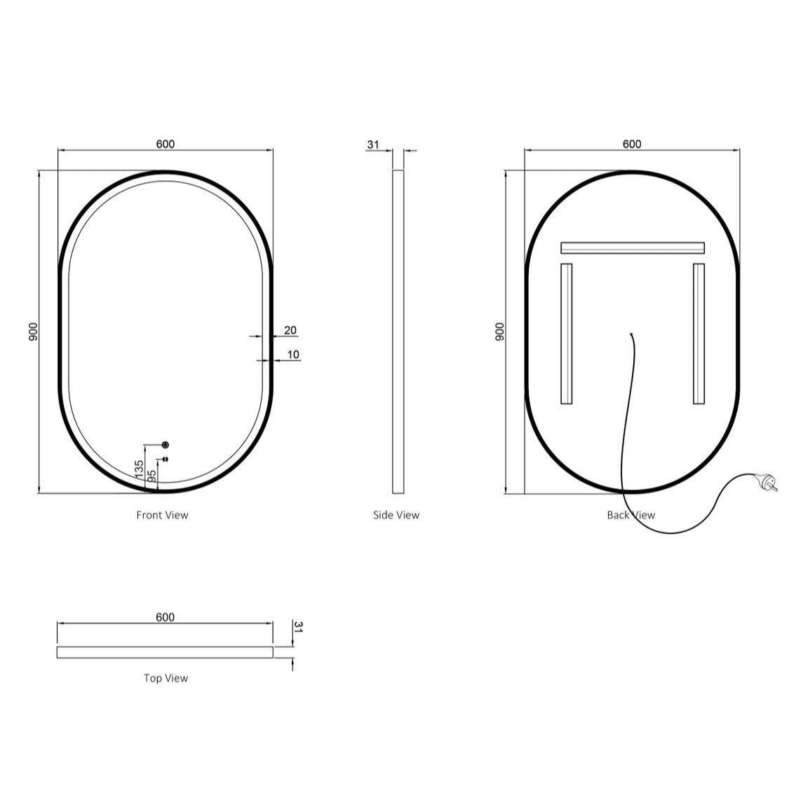 NOOSA LED Oval Metal Frame Mirror 900x600mm 