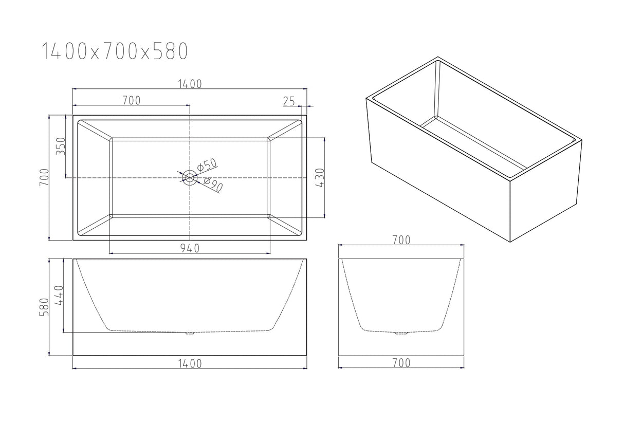 ORTA Multi-Fit Freestanding Bathtub with Overflow/Non-Overflow (Gloss White) 1300/1400/1500/1700mm