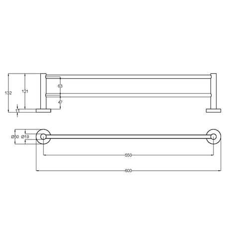 OTUS Slimline Towel Rail Double 600mm - Technical Drawing