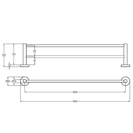 OTUS Slimline Towel Rail Double 900mm - Technical Drawing