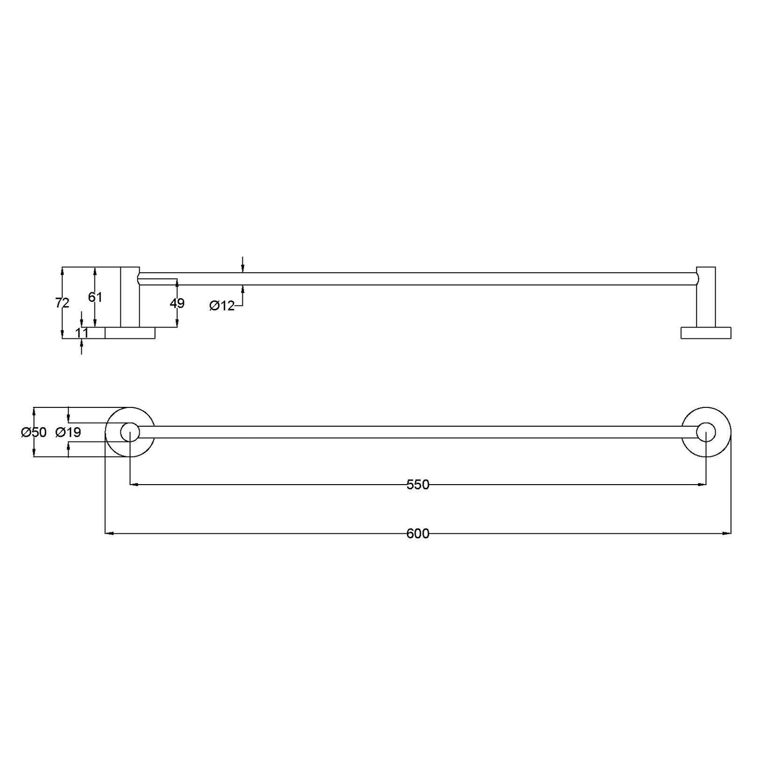 OTUS Slimline Towel Rail Single 600mm - Technical Drawing