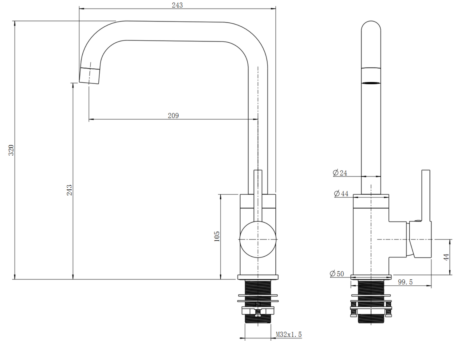 AQU Electroplated Brass Swivel Spout Kitchen Mixer Tap - Matte Black Technical Drawing