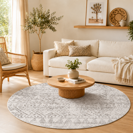 Oasis Ismail White Grey Rustic Round Rug