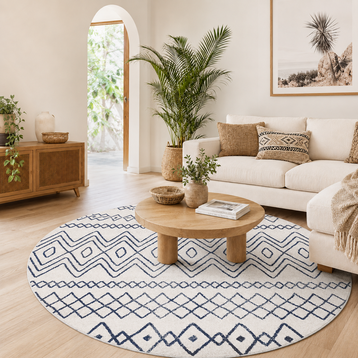 Oasis Nadia White Blue Rustic Tribal Round Rug