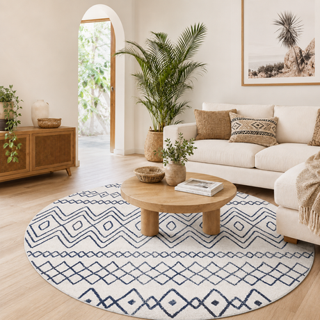 Oasis Nadia White Blue Rustic Tribal Round Rug