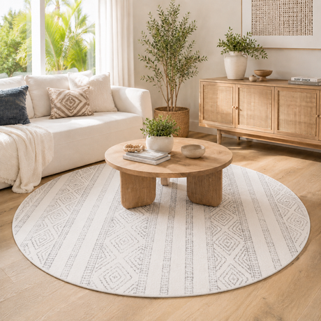 Oasis Salma White And Grey Tribal Round Rug