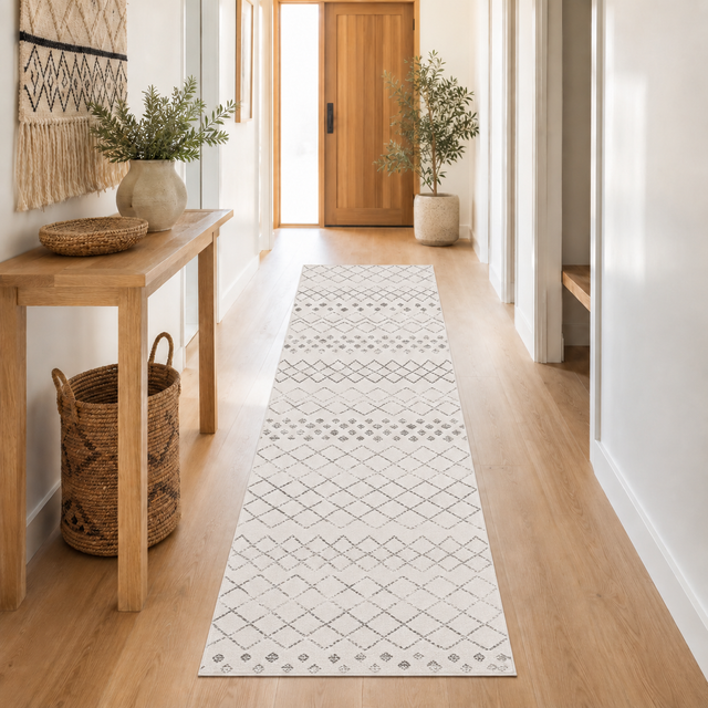 Oasis Selma White Grey Tribal Runner Rug