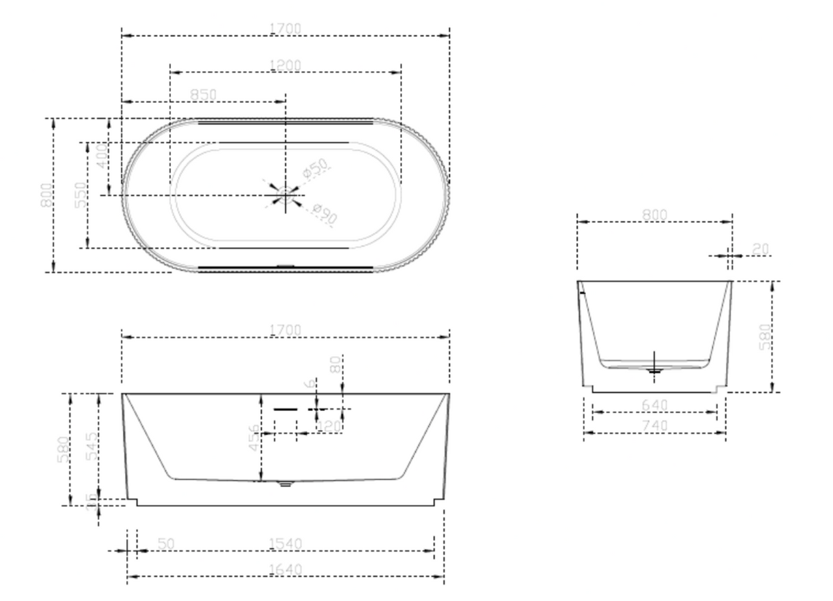 Oslo Free-Standing Bathtub with Non-Overflow (Matte White & Black) (1500/1700mm)