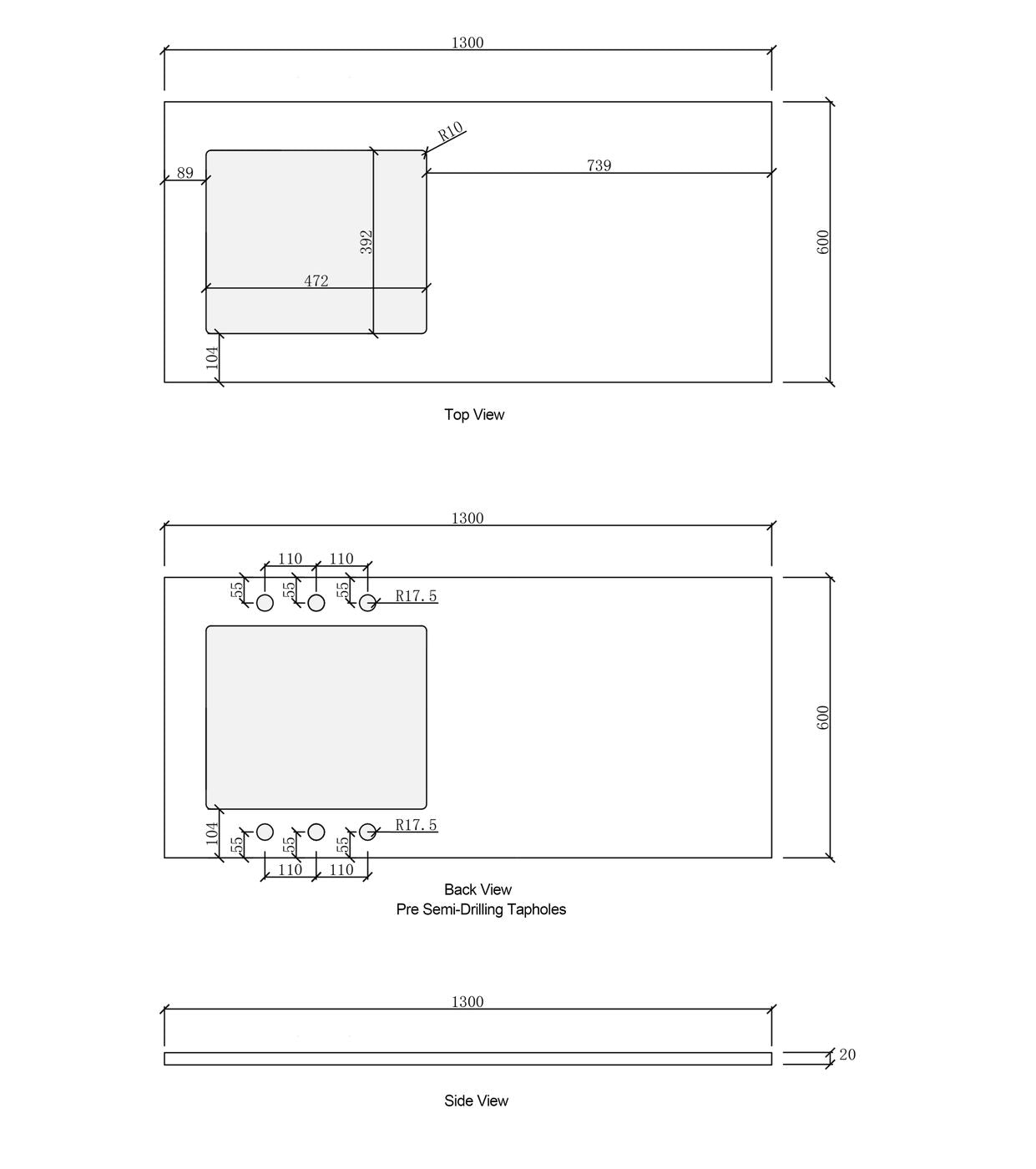 Otti Laundry Stone Top 1300mm Drawing