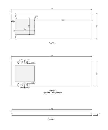 Otti Laundry Stone Top 1960mm Drawing
