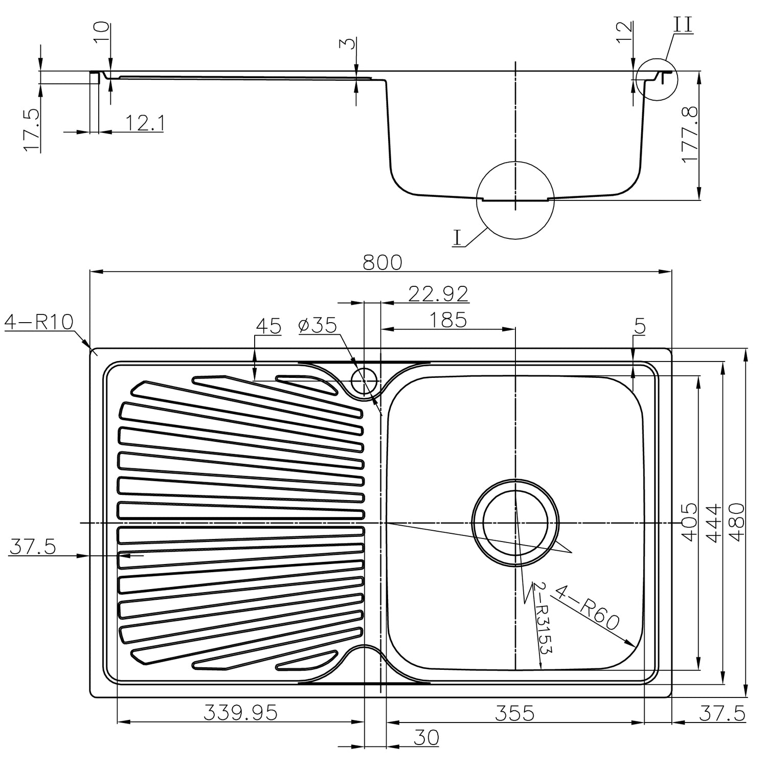Otus Single Right Hand Bowl with Drainer Sink 800mm Drawing