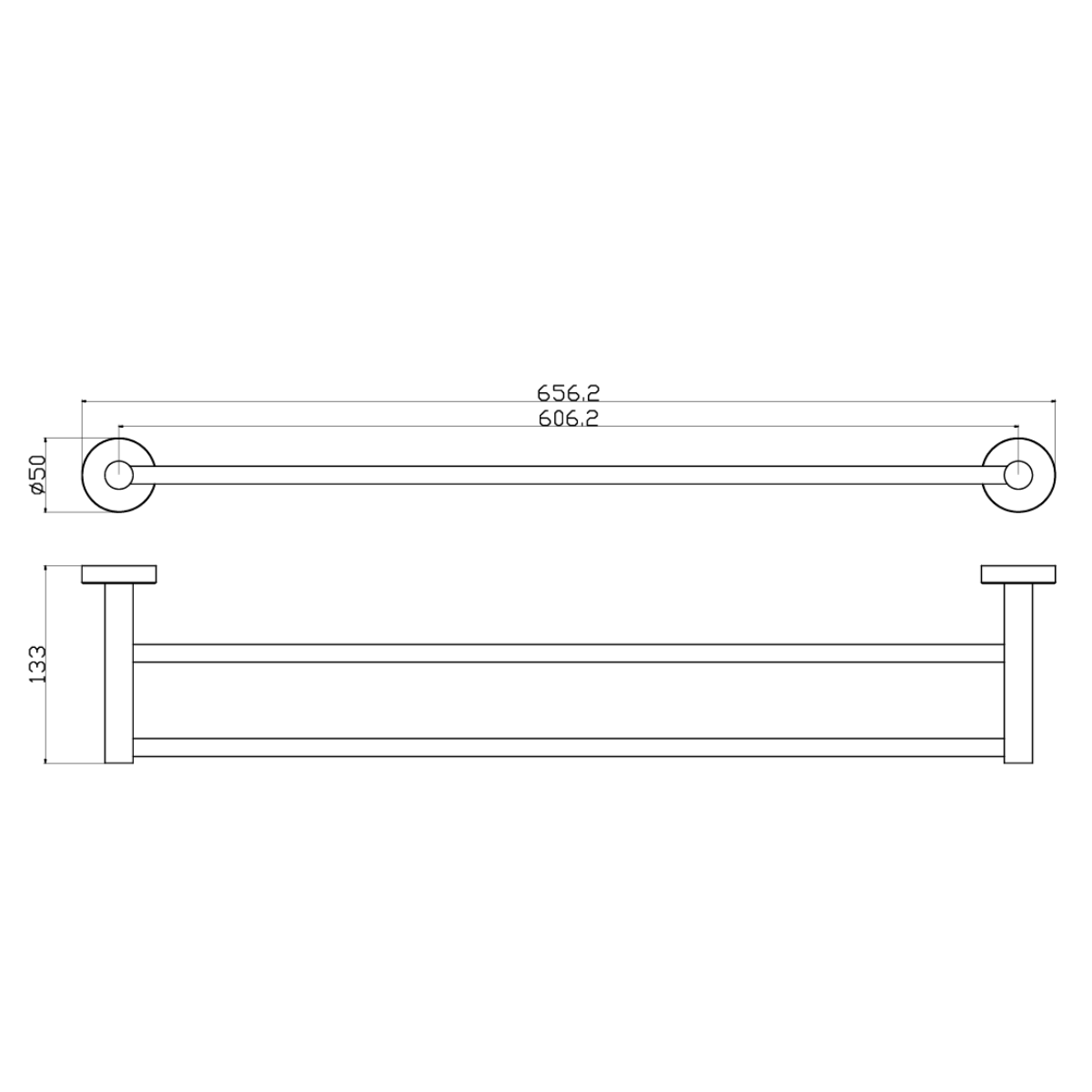 Otus Slimline SS304 Towel Rail Double 600mm Drawing