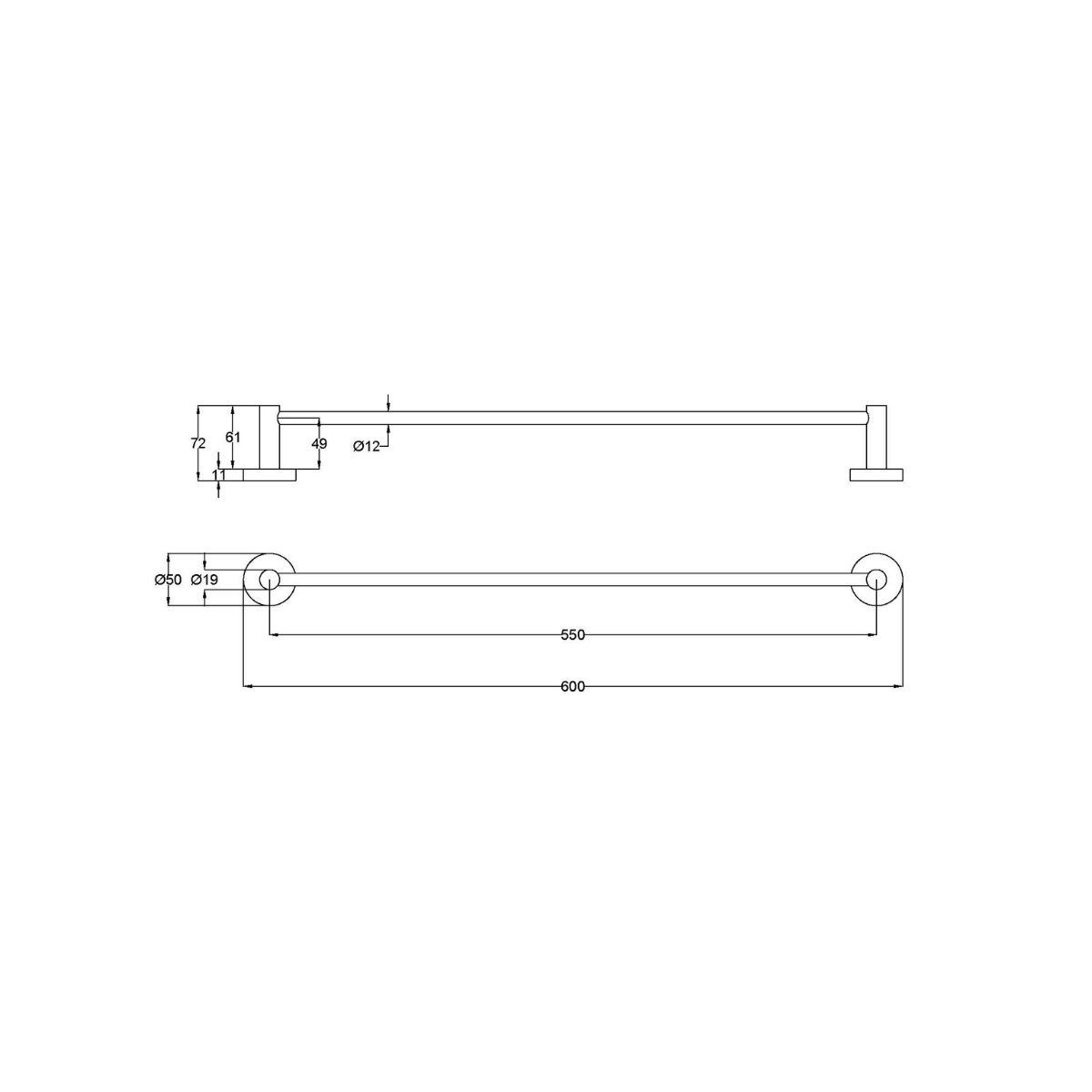 Otus Slimline SS304 Towel Rail Single 600mm Drawing