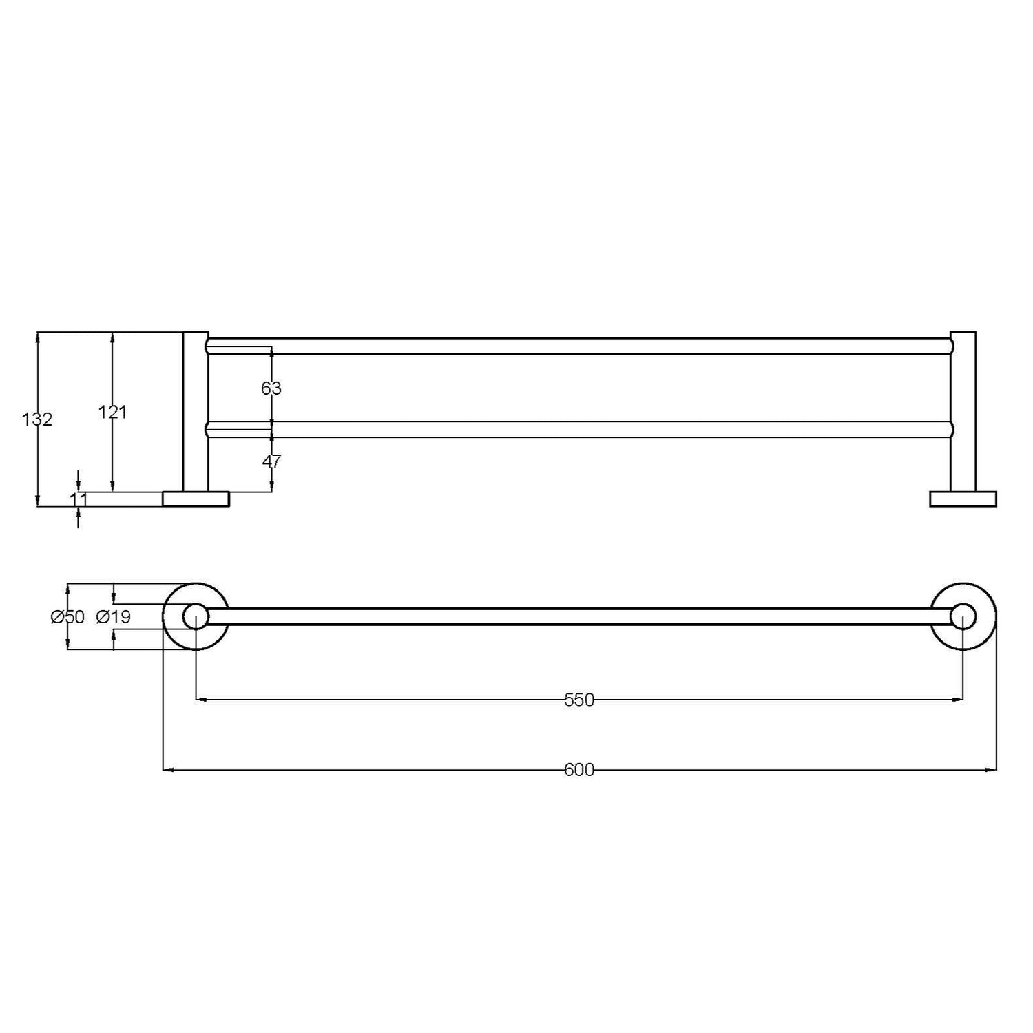 Otus Slimline Towel Rail Double 600mm Drawing
