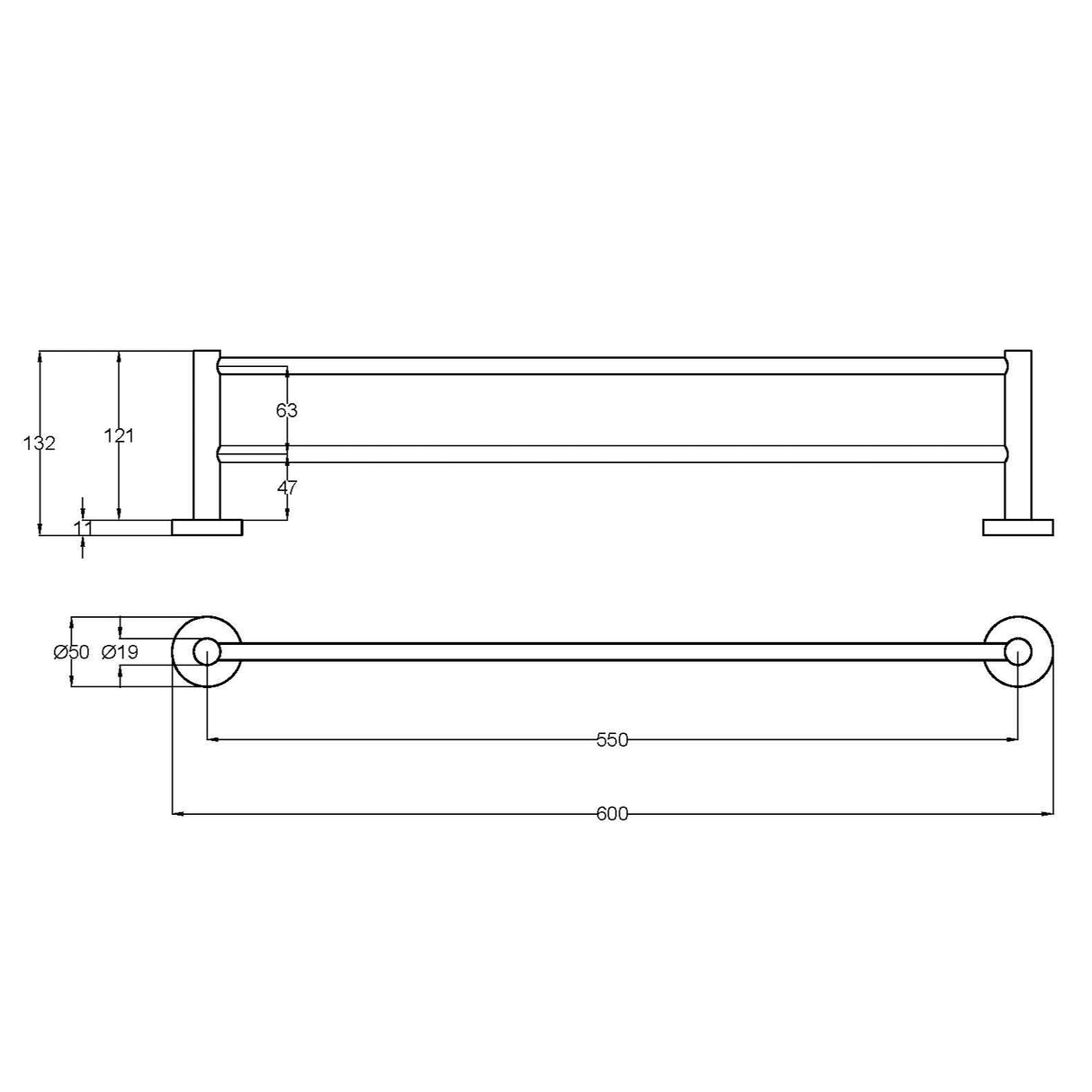Otus Slimline Towel Rail Double 600mm Drawing