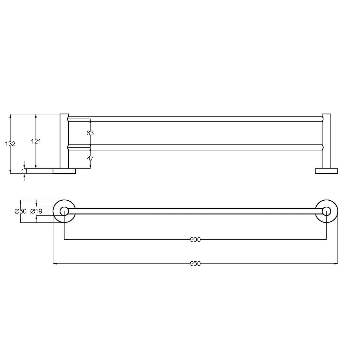 OTUS Slimline Towel Rail Double 900mm - Technical Drawing