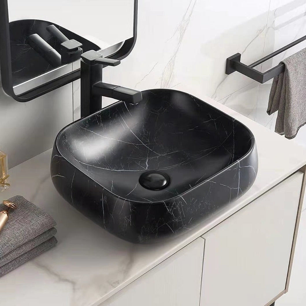 POSEIDON Matte Black Ceramic Marble Basin (Rectangle: 450x400x145)
