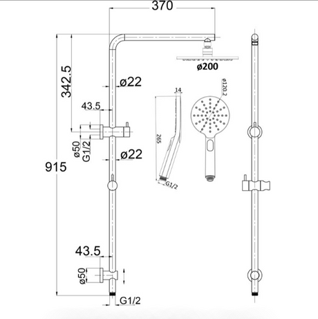 Cora Multi-function Shower Set 200 mm - Technical Drawing