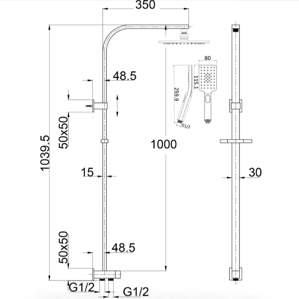 Eden Square Multi-function Shower Set Two Hoses (Chrome)