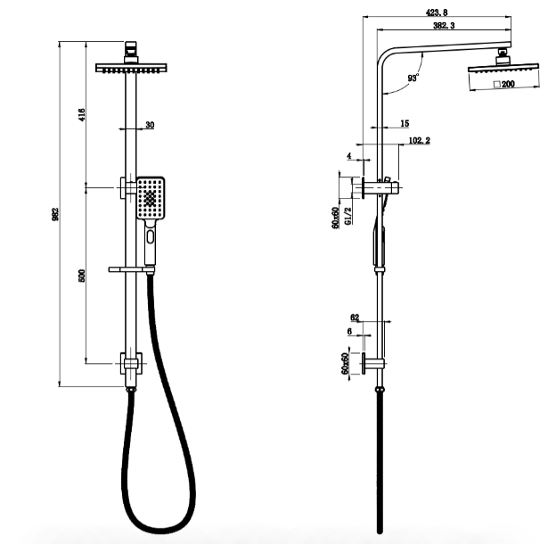 Eden Square Multi-function Shower Set - Technical Drawing