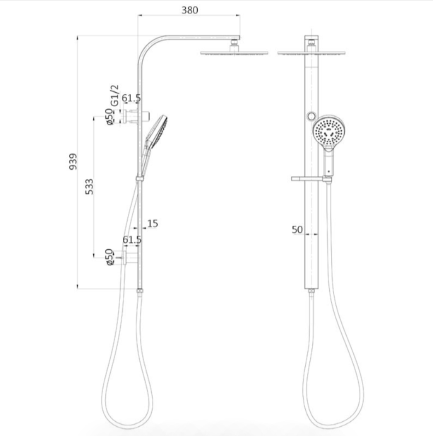 Regal MultiFunction Shower Set - Technical Drawing