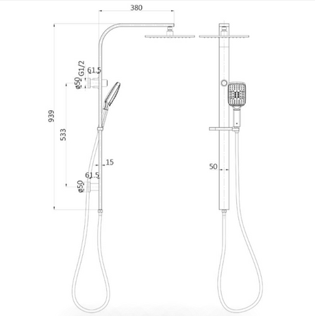 Sando MultiFunction Shower Set - Technical Drawing