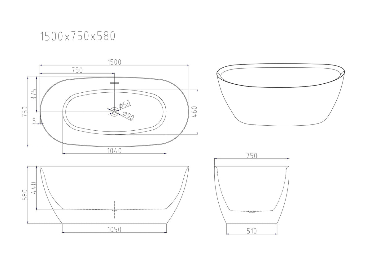 PILATO Gloss White Free-Standing Bathtub Overflow 1500/1700mm