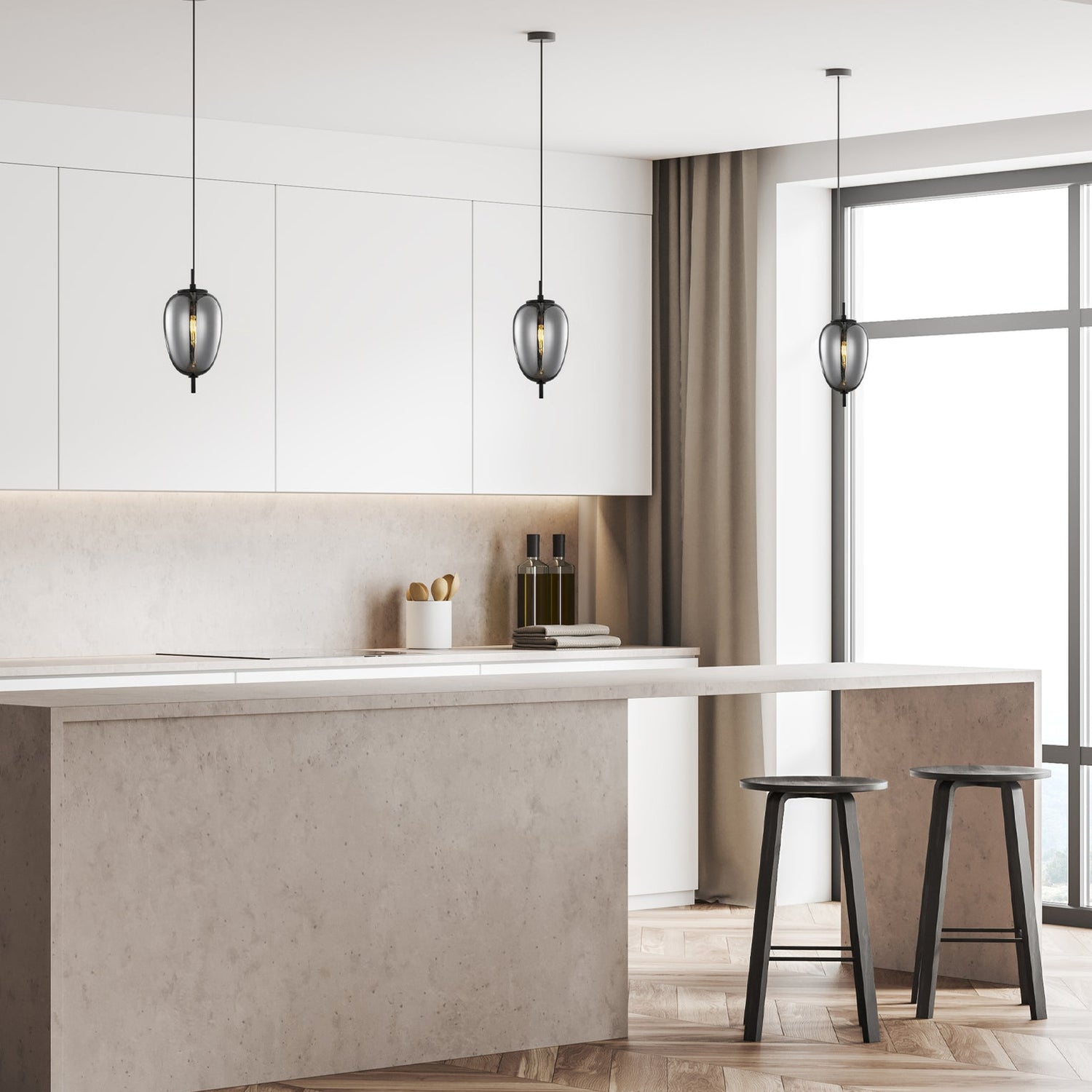 PINO: Interior Opal Matte / Smokey Black Mirror Finish Glass Oval Pendant Lights